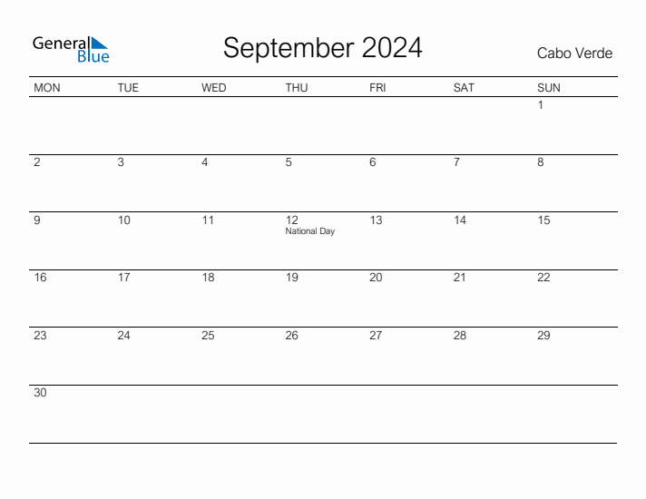 Printable September 2024 Calendar for Cabo Verde