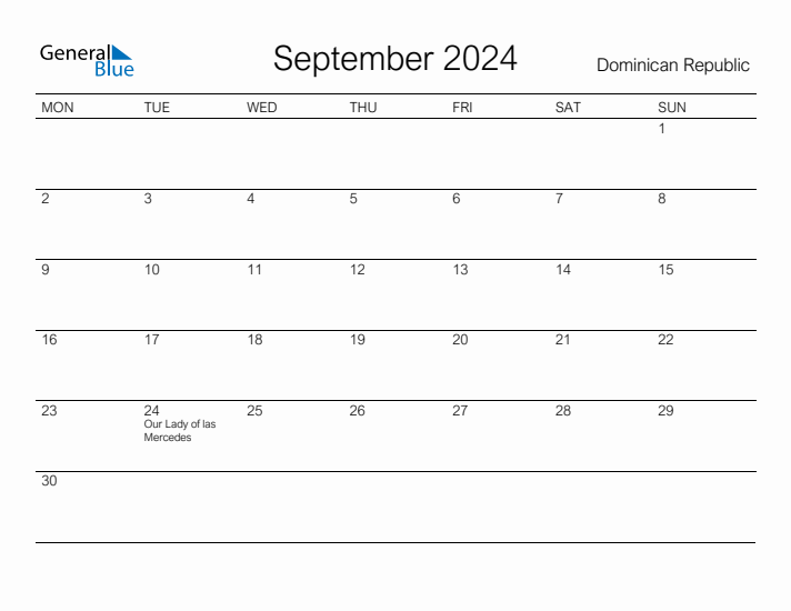 Printable September 2024 Calendar for Dominican Republic