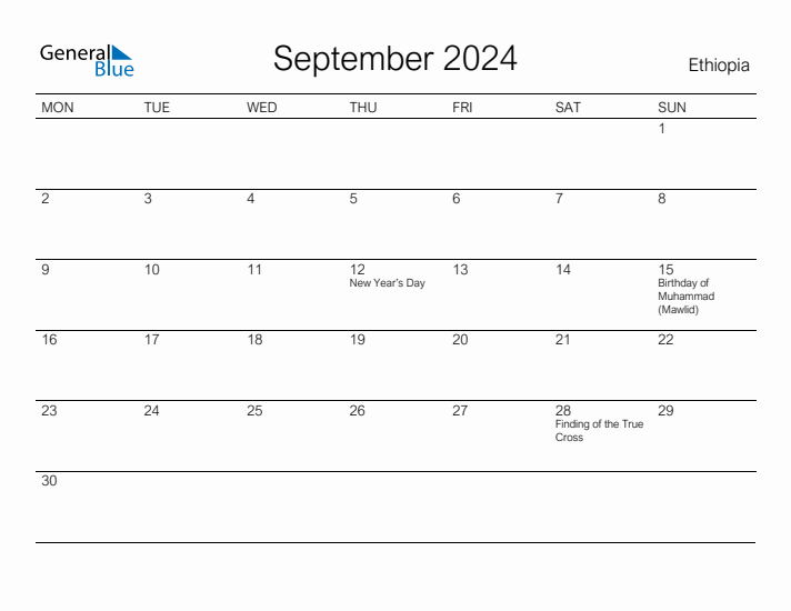 Printable September 2024 Calendar for Ethiopia