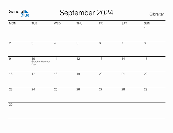 September 2024 Gibraltar Monthly Calendar with Holidays