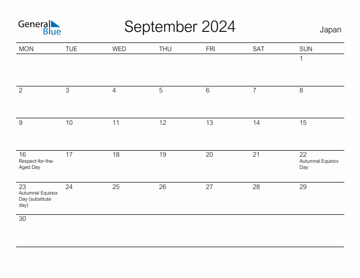 Printable September 2024 Calendar for Japan