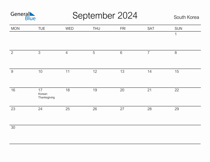 Printable September 2024 Calendar for South Korea
