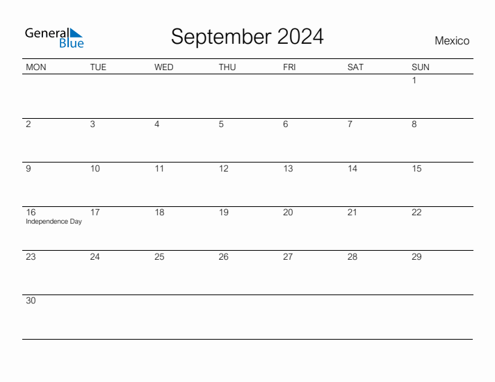 Printable September 2024 Calendar for Mexico