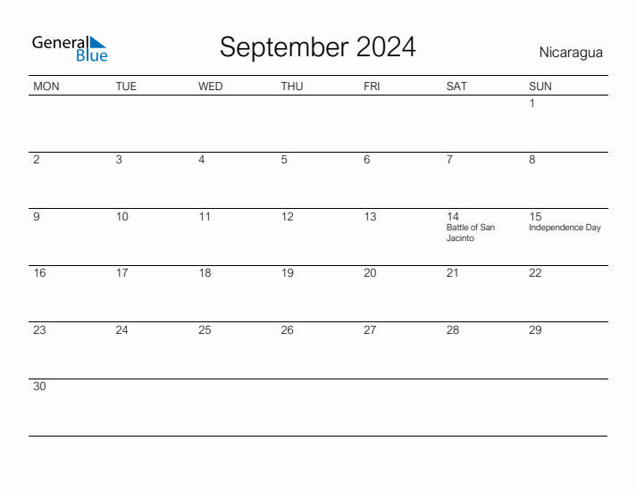 Printable September 2024 Calendar for Nicaragua