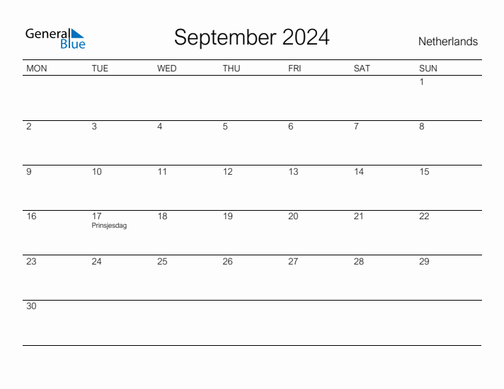 Printable September 2024 Calendar for The Netherlands