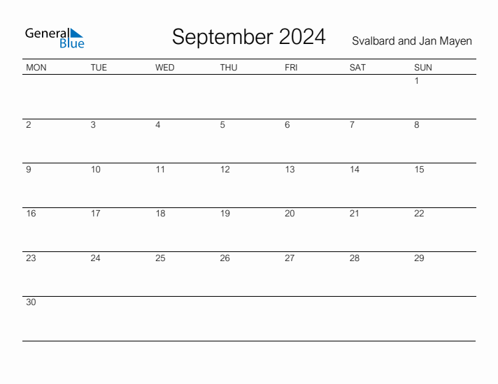 Printable September 2024 Calendar for Svalbard and Jan Mayen