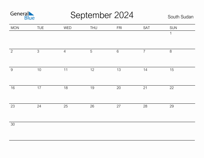 Printable September 2024 Calendar for South Sudan