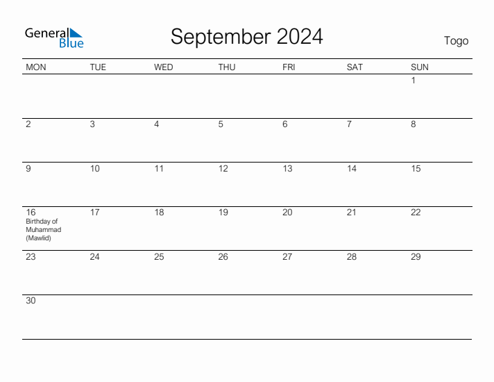 Printable September 2024 Calendar for Togo