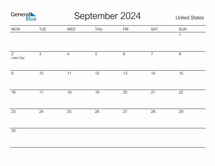 Printable September 2024 Monthly Calendar with Holidays for United States