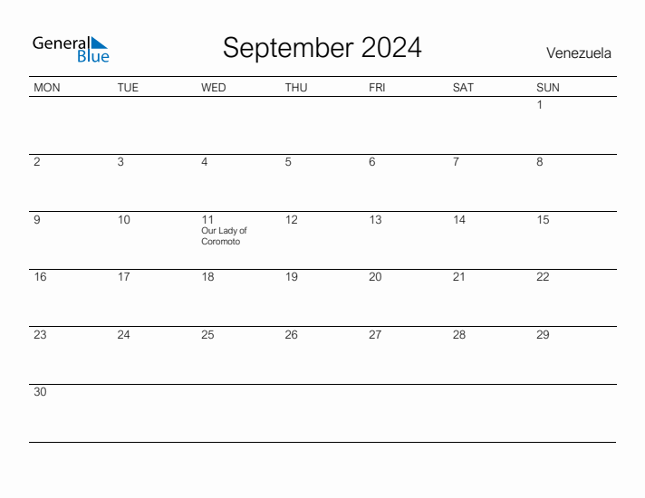 Printable September 2024 Calendar for Venezuela