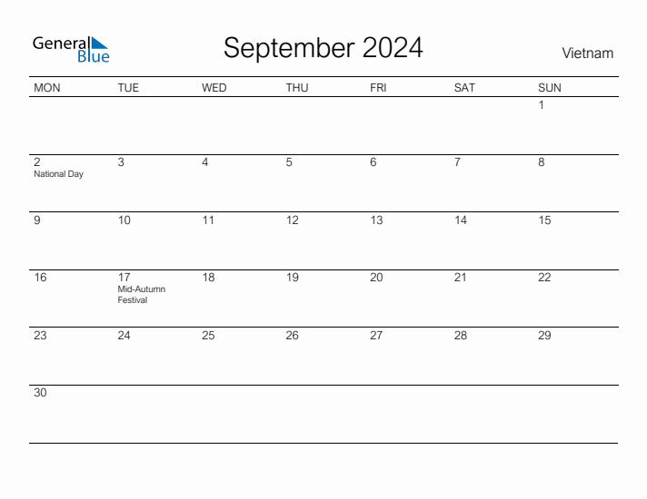 Printable September 2024 Calendar for Vietnam