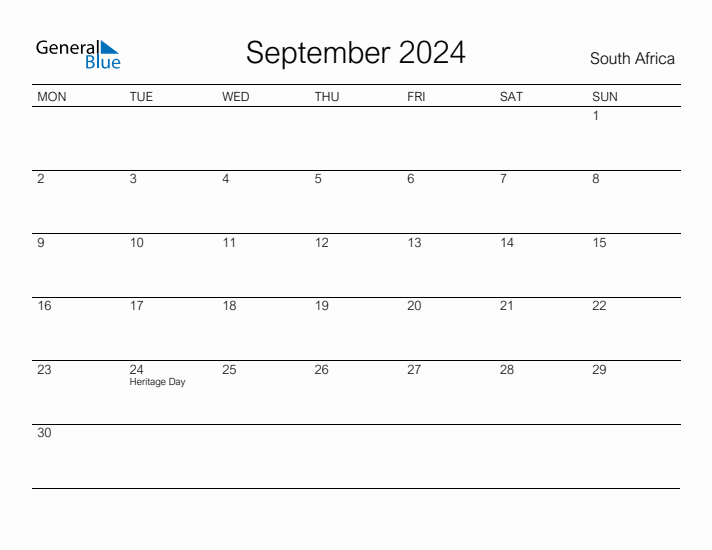 Printable September 2024 Monthly Calendar with Holidays for South Africa