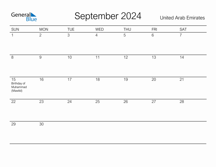 Printable September 2024 Calendar for United Arab Emirates