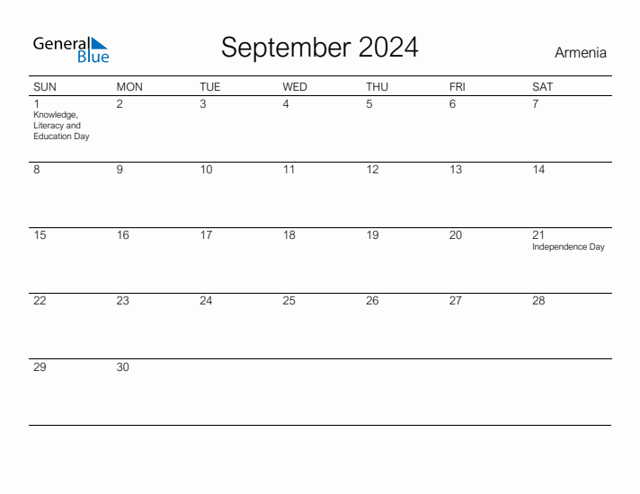 Printable September 2024 Calendar for Armenia