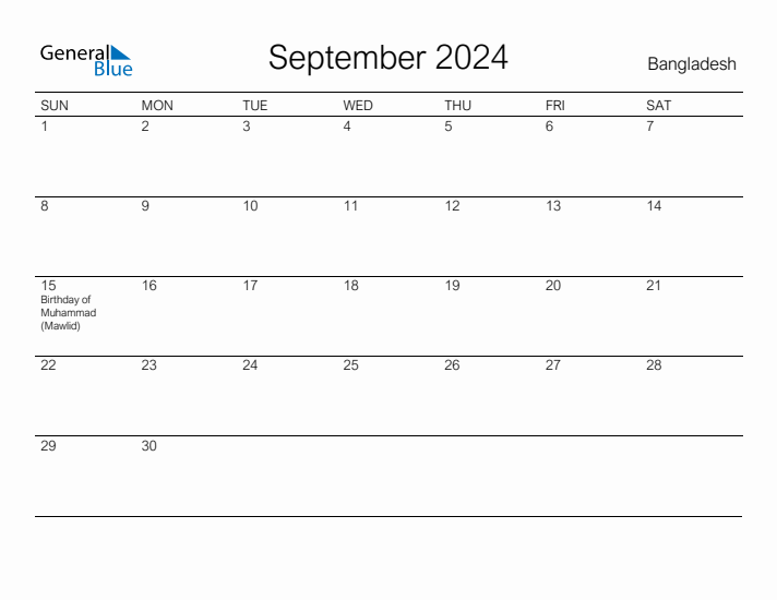Printable September 2024 Calendar for Bangladesh