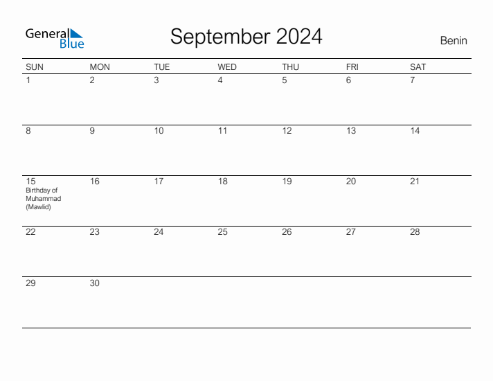Printable September 2024 Calendar for Benin