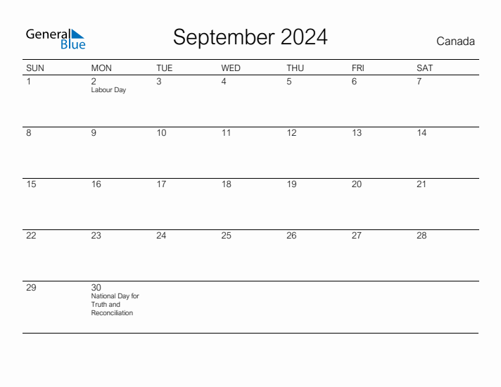 Printable September 2024 Calendar for Canada