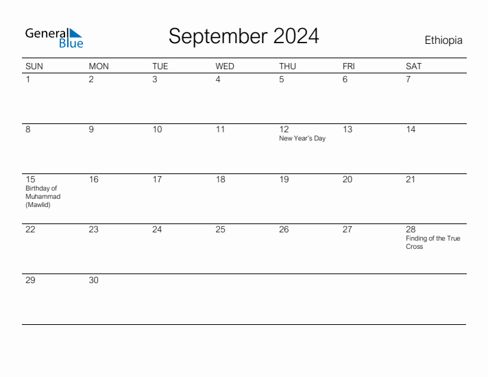Printable September 2024 Calendar for Ethiopia