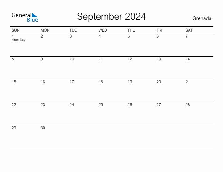 Printable September 2024 Calendar for Grenada