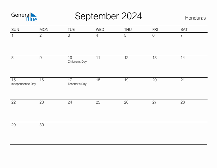 Printable September 2024 Calendar for Honduras