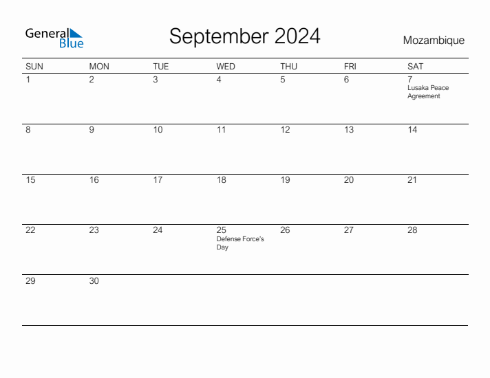 Printable September 2024 Calendar for Mozambique