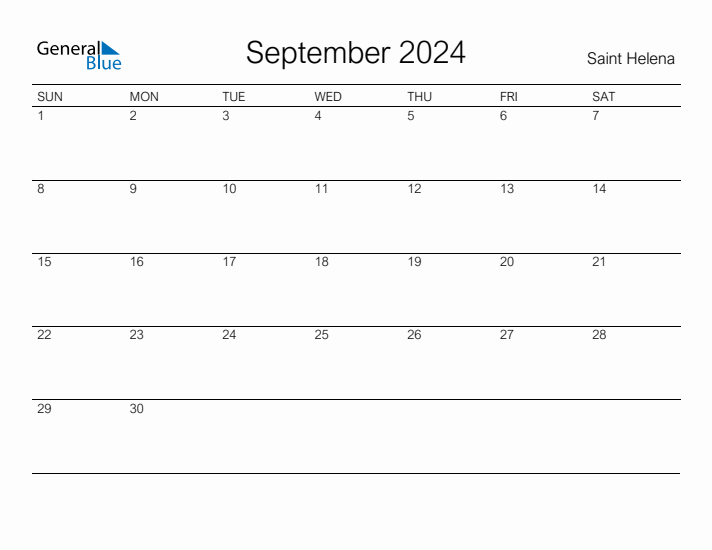 Printable September 2024 Calendar for Saint Helena