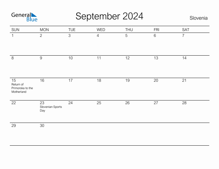 Printable September 2024 Calendar for Slovenia