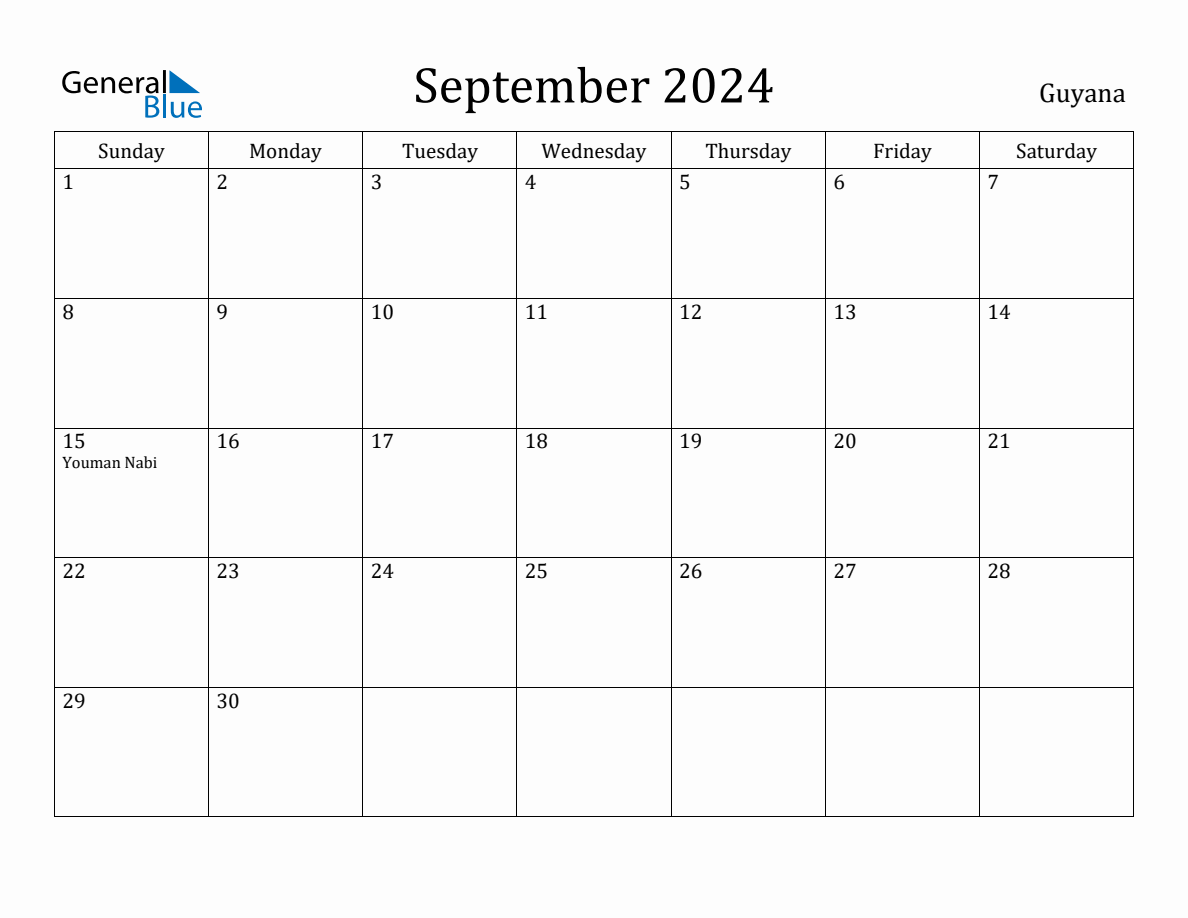 September 2024 Monthly Calendar with Guyana Holidays