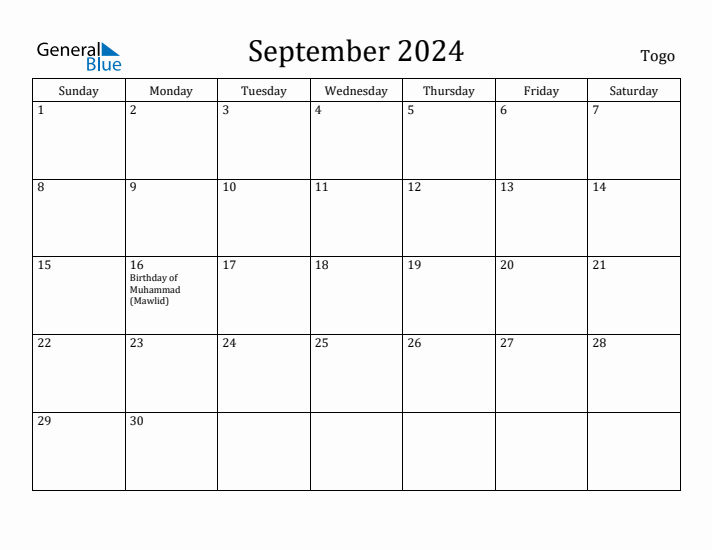 September 2024 Calendar Togo