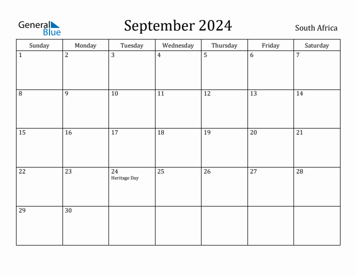 September 2024 Monthly Calendar with South Africa Holidays