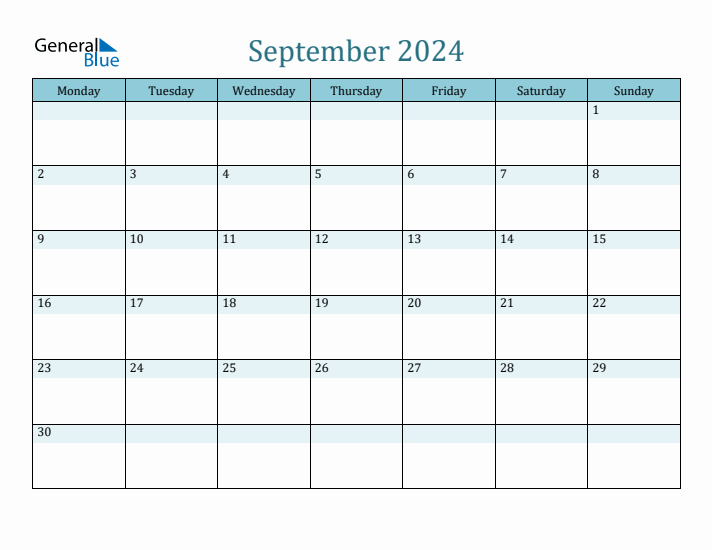 September 2024 Monthly Calendar Template (Monday Start)