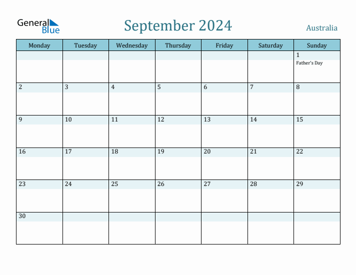 September 2024 Australia Monthly Calendar with Holidays