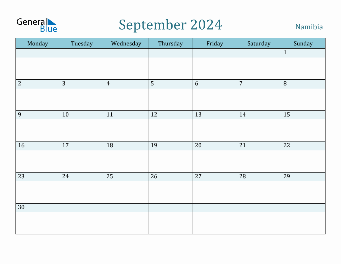 Namibia Holiday Calendar for September 2024