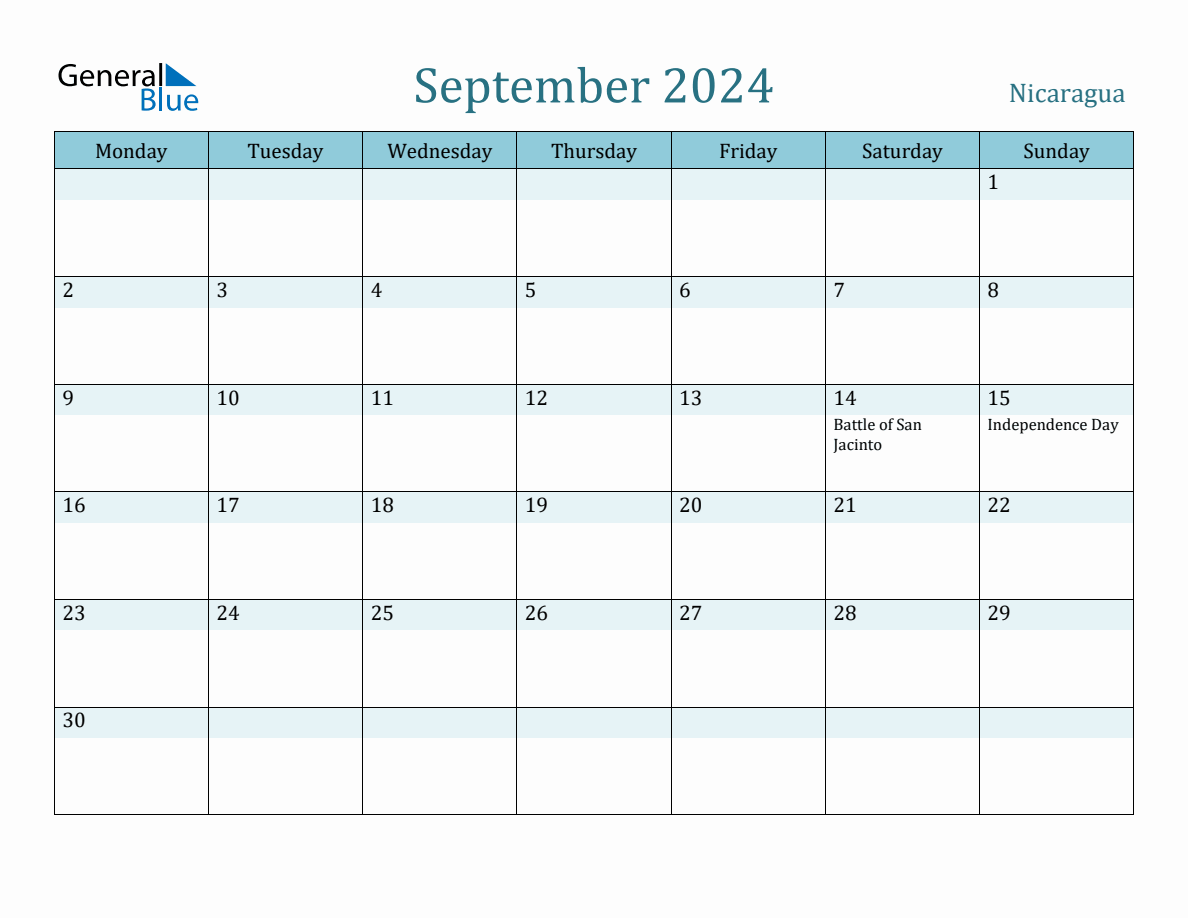 Nicaragua Holiday Calendar for September 2024