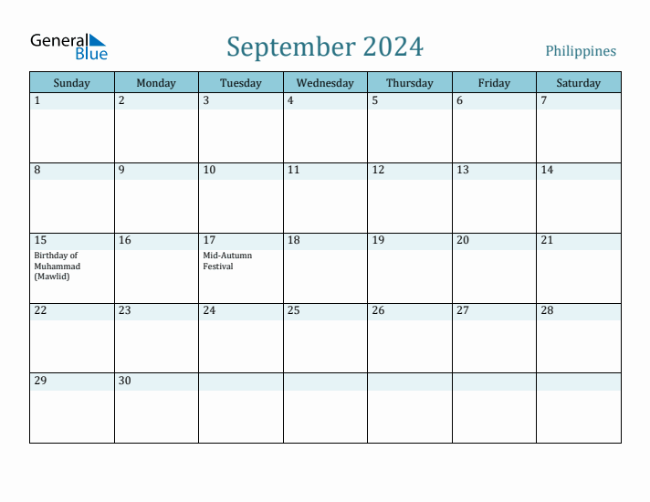 September 2024 Monthly Calendar with Philippines Holidays