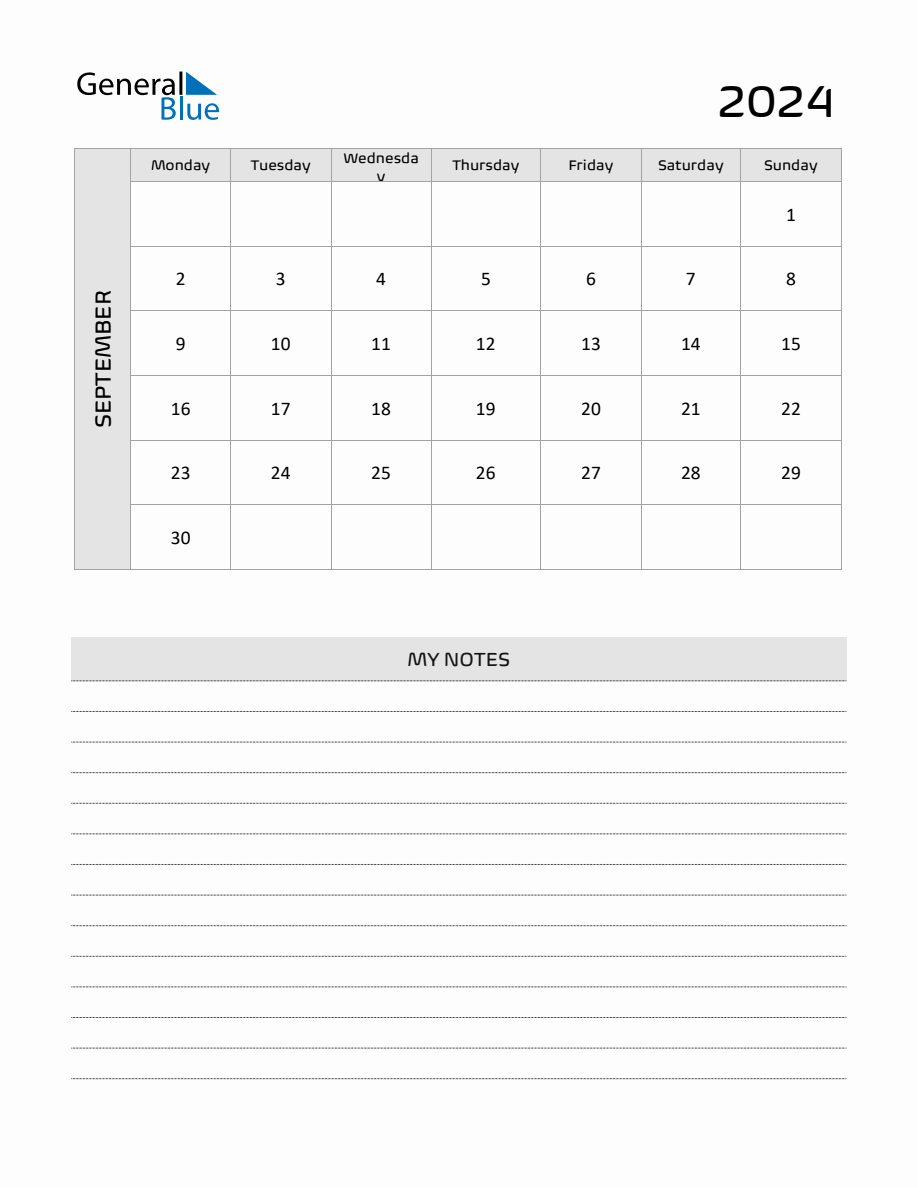 September 2024 Printable Monthly Calendar with Notes