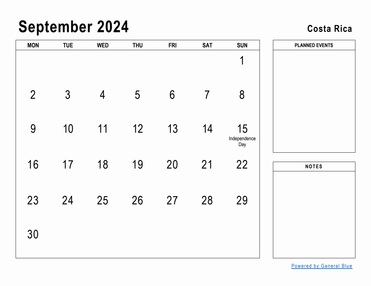 September 2024 Planner with Costa Rica Holidays