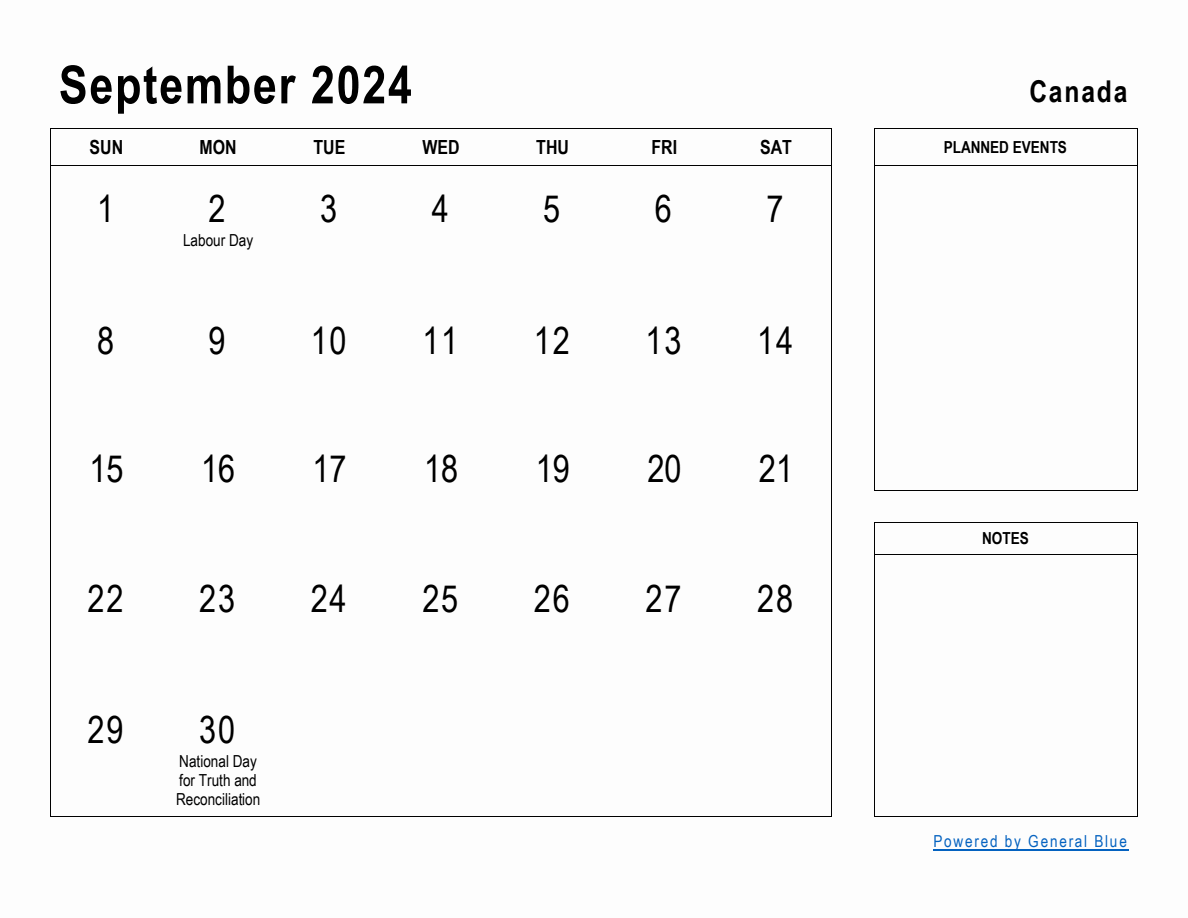 September 2024 Planner with Canada Holidays