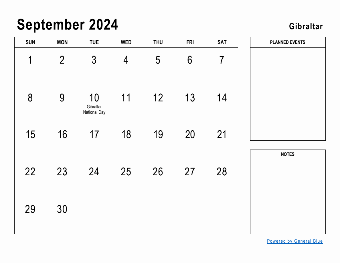 September 2024 Planner with Gibraltar Holidays