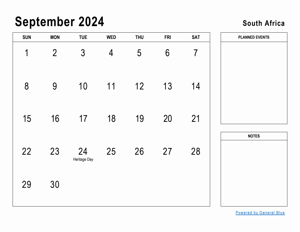 September 2024 Planner with South Africa Holidays