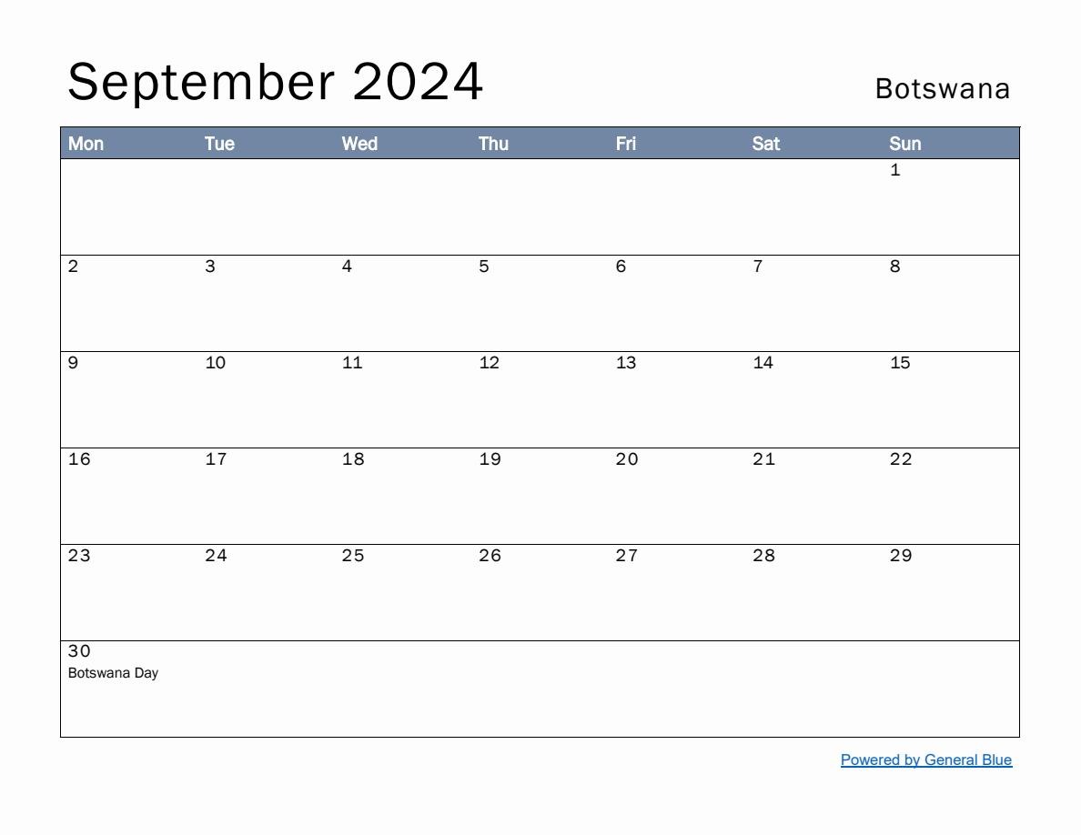 Free Monthly Calendar Template for September 2024 with Botswana Holidays