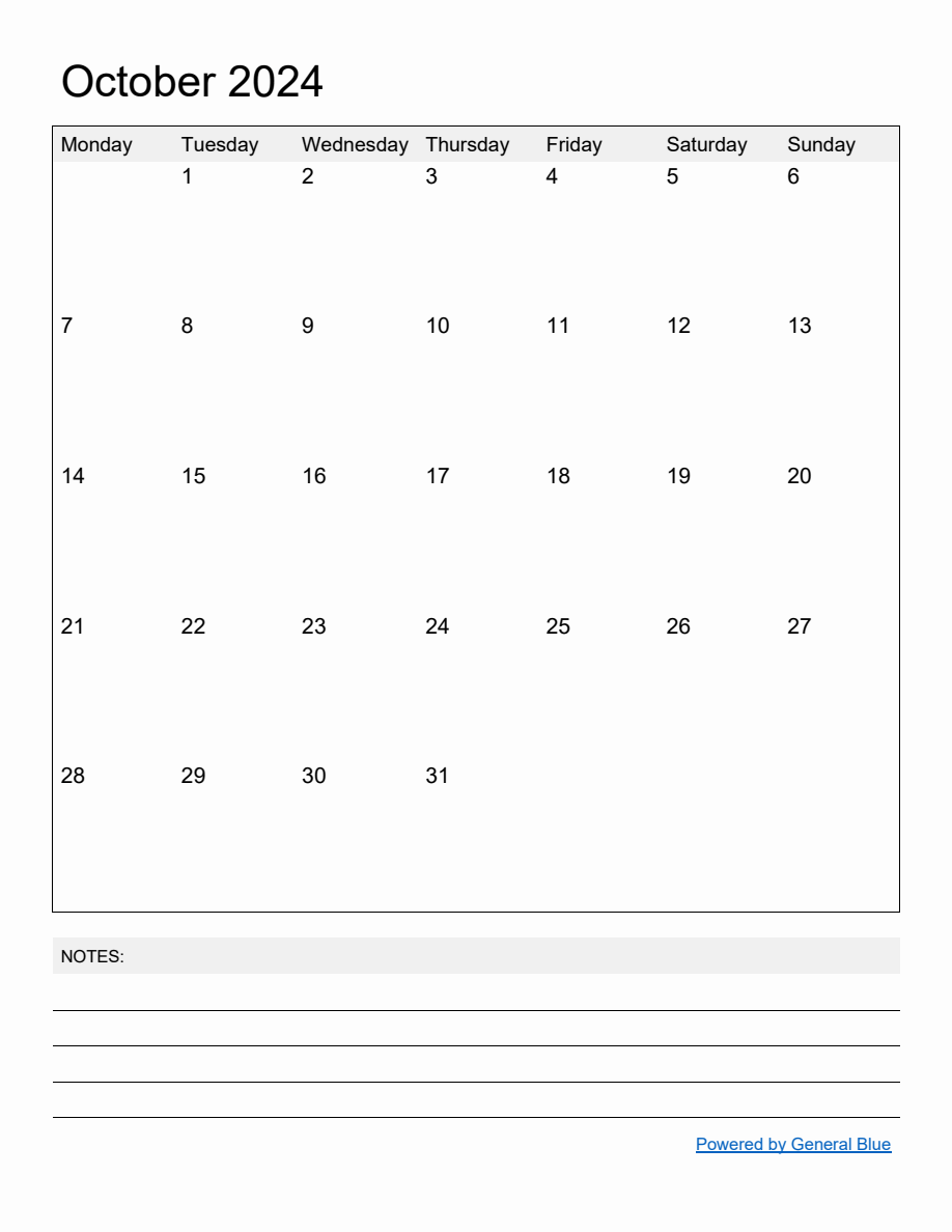 Free Printable Monthly Calendar for October 2024