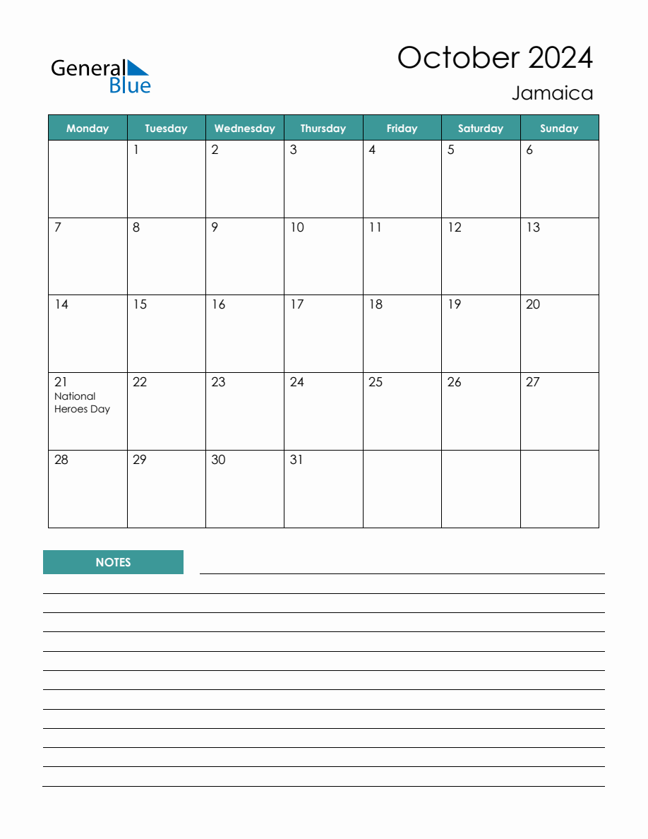 Monthly Planner with Jamaica Holidays October 2024