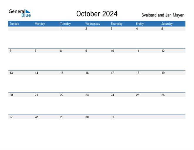 Svalbard and Jan Mayen October 2024 Calendar with Holidays