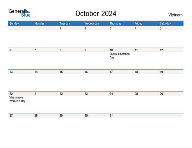 October 2024 Calendar with Vietnam Holidays