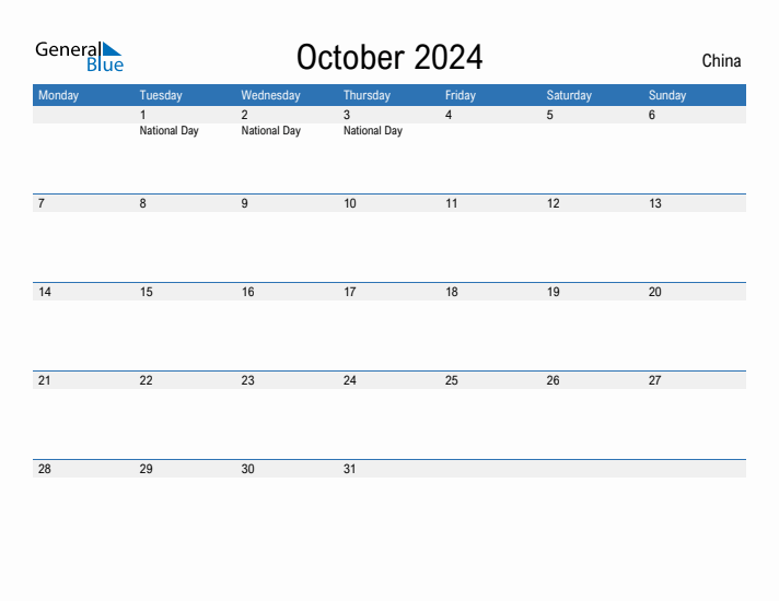 Free Printable October 2024 Calendar for China