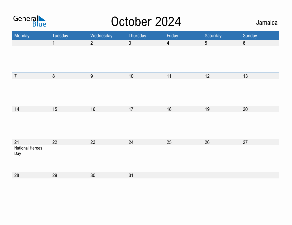 Editable October 2024 Calendar with Jamaica Holidays