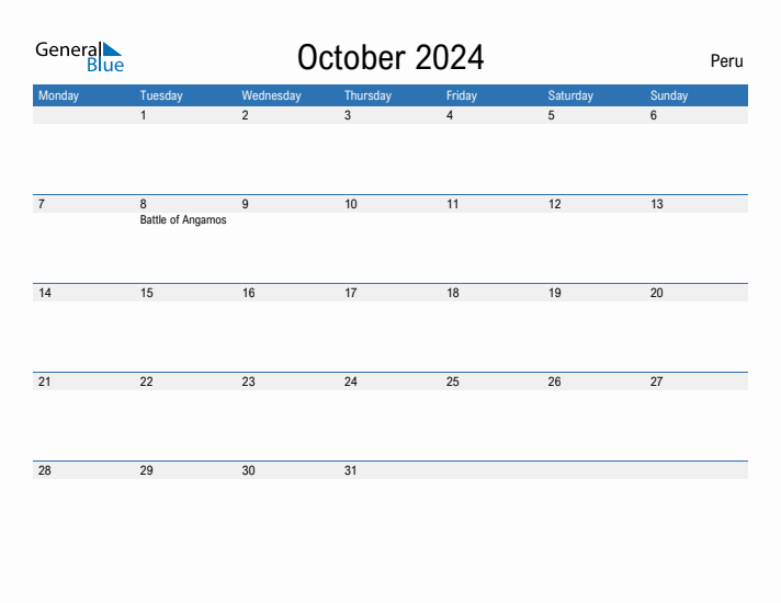 October 2024 Peru Monthly Calendar with Holidays