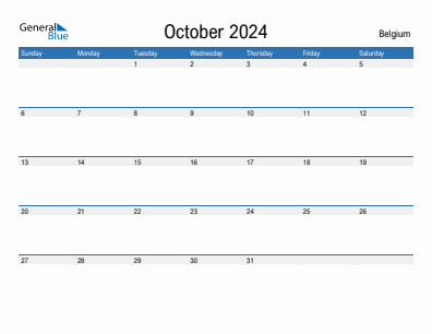 Current month calendar with Belgium holidays for October 2024