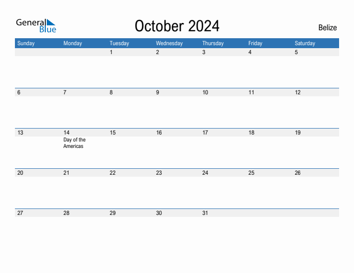 Editable October 2024 Calendar with Belize Holidays